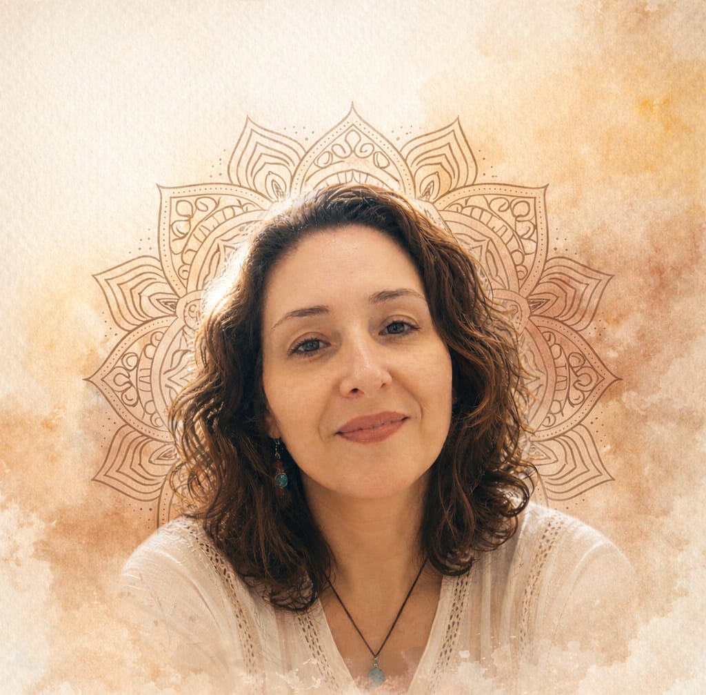 Retrato de Carla Espinola com uma mandala desenhada ao fundo